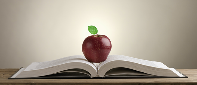 a red apple sitting on an open book