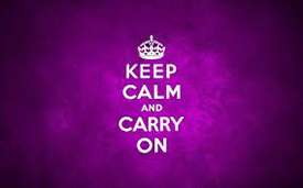 "keep calm and carry on" on a purple background