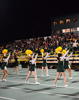 cheerleaders in green with yellow pom-poms in front of a crowd on a football field at night