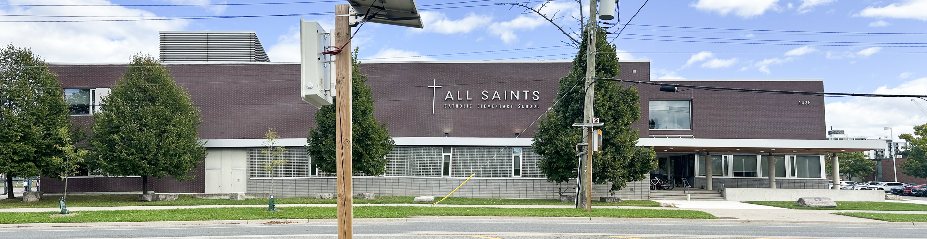 The front of the school building.