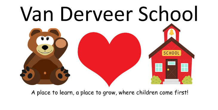 Van Derveer School, a place to learn, a place to grow, where children come first! clipart teddy bear, a heard, and a red school building