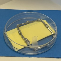 handmade bracelet in a petri disk on top of a yellow paper on top of a blue paper