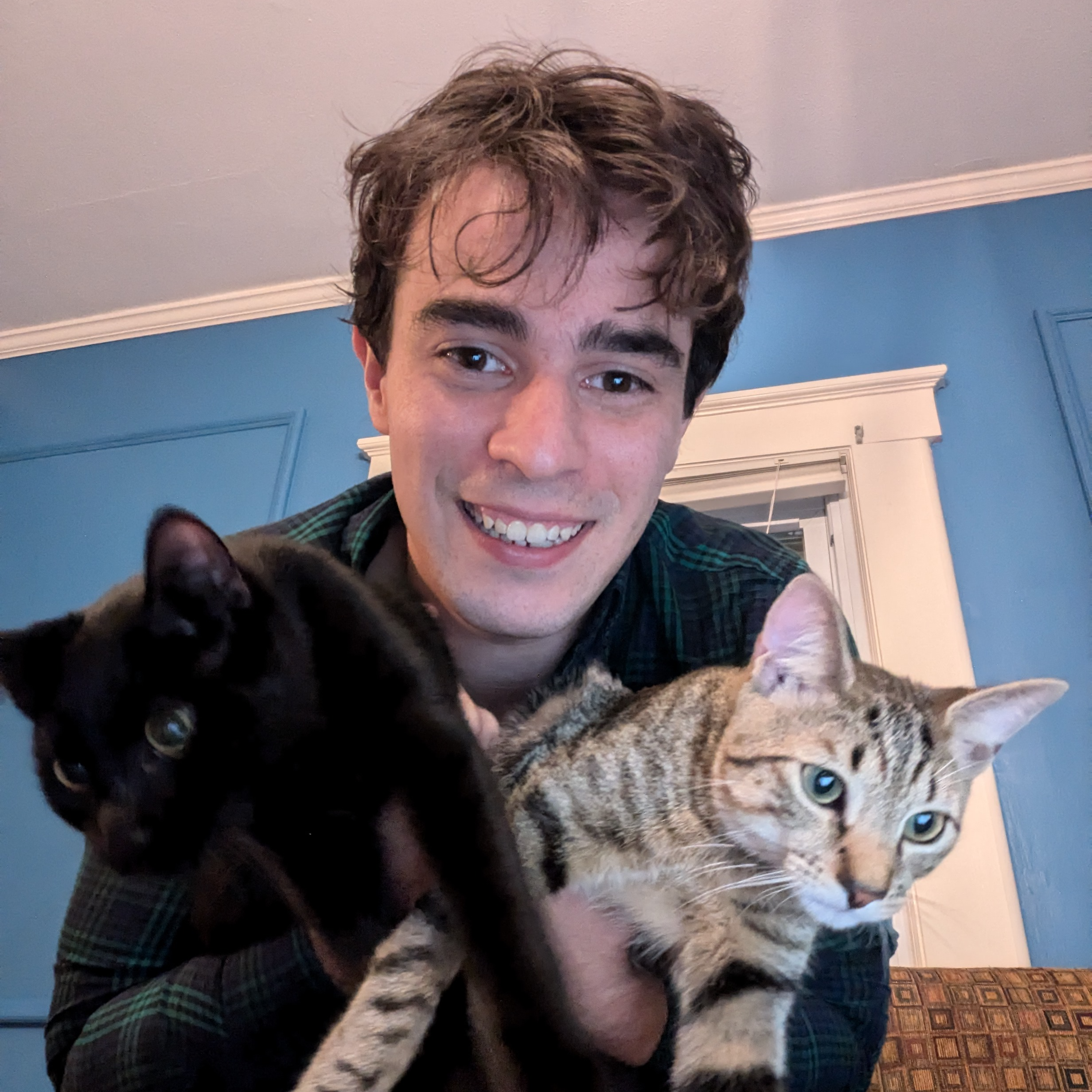 white maile smiling hold two cats one black one striped