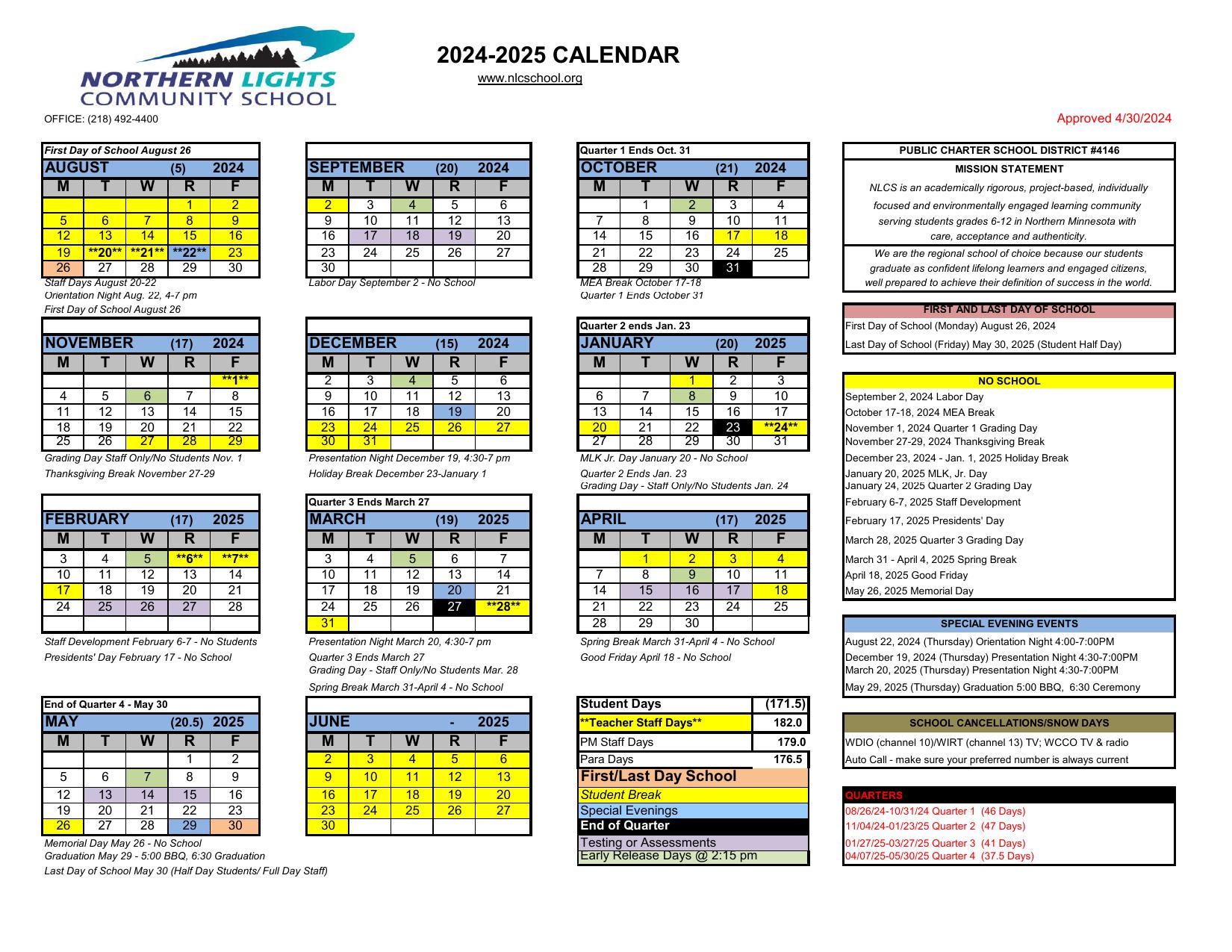 SCHOOL CALENDAR Northern Lights Community School