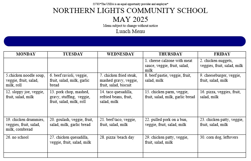 May 2025 Lunch Menu