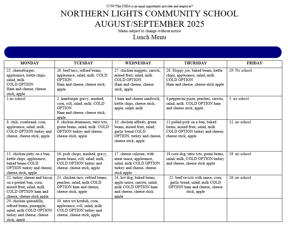 Aug-Sept 25 Lunch Menu