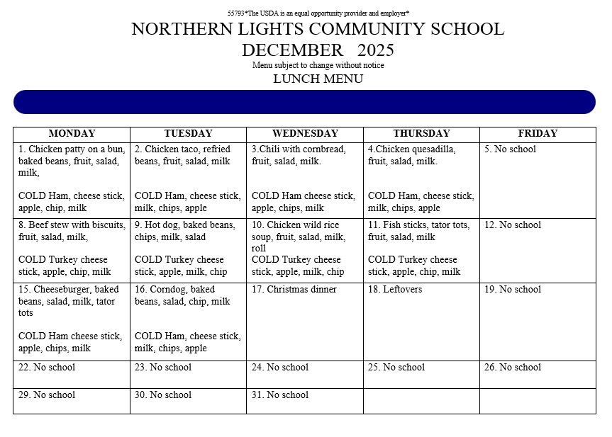 December 2025 Lunch Menu