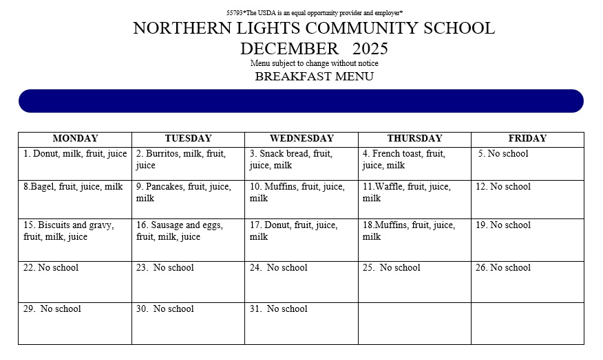 December 2025 Breakfast Menu