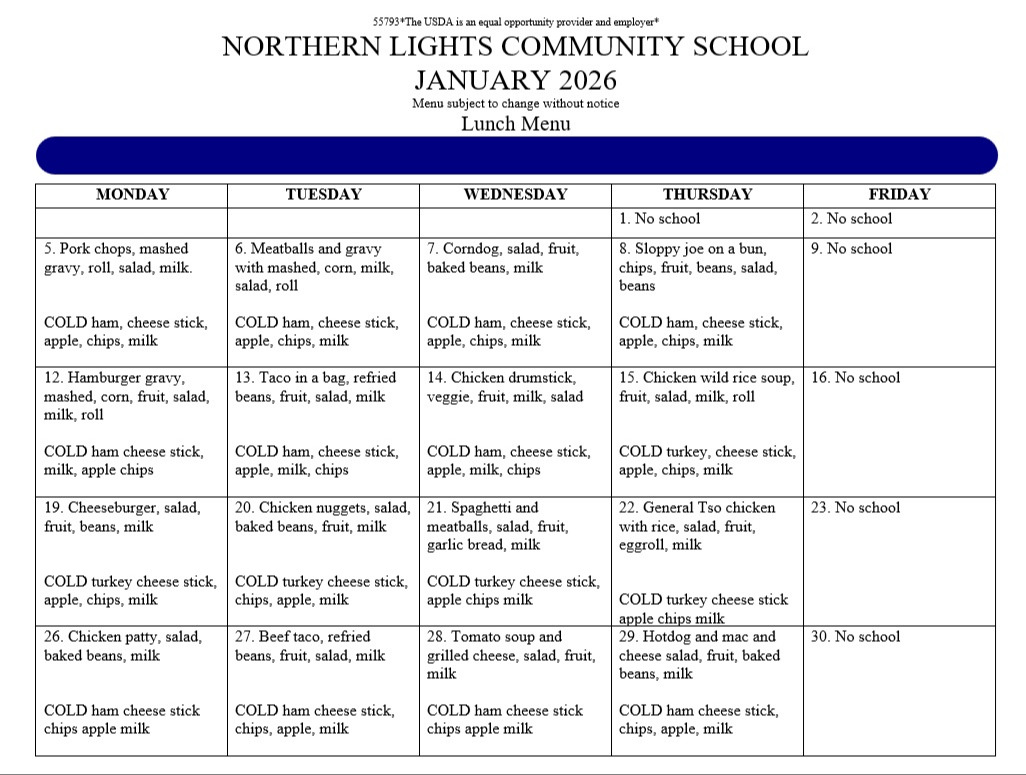 January 2026 Lunch Menu