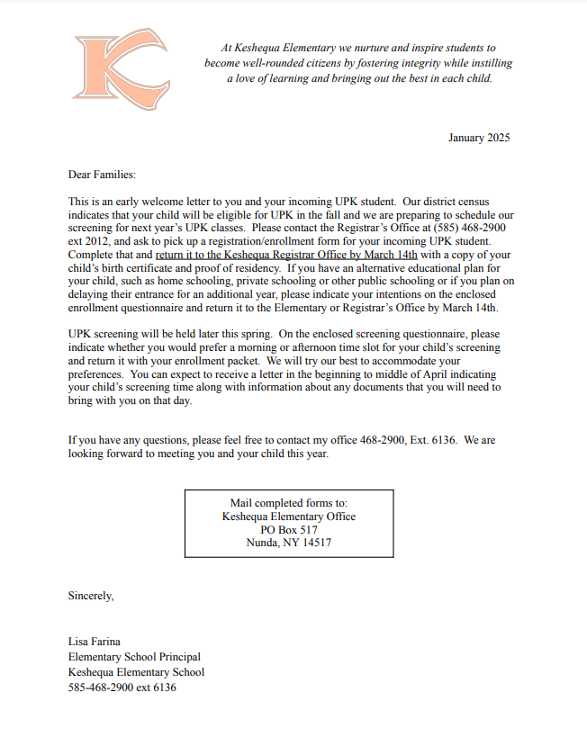 UPK Welcome Letter