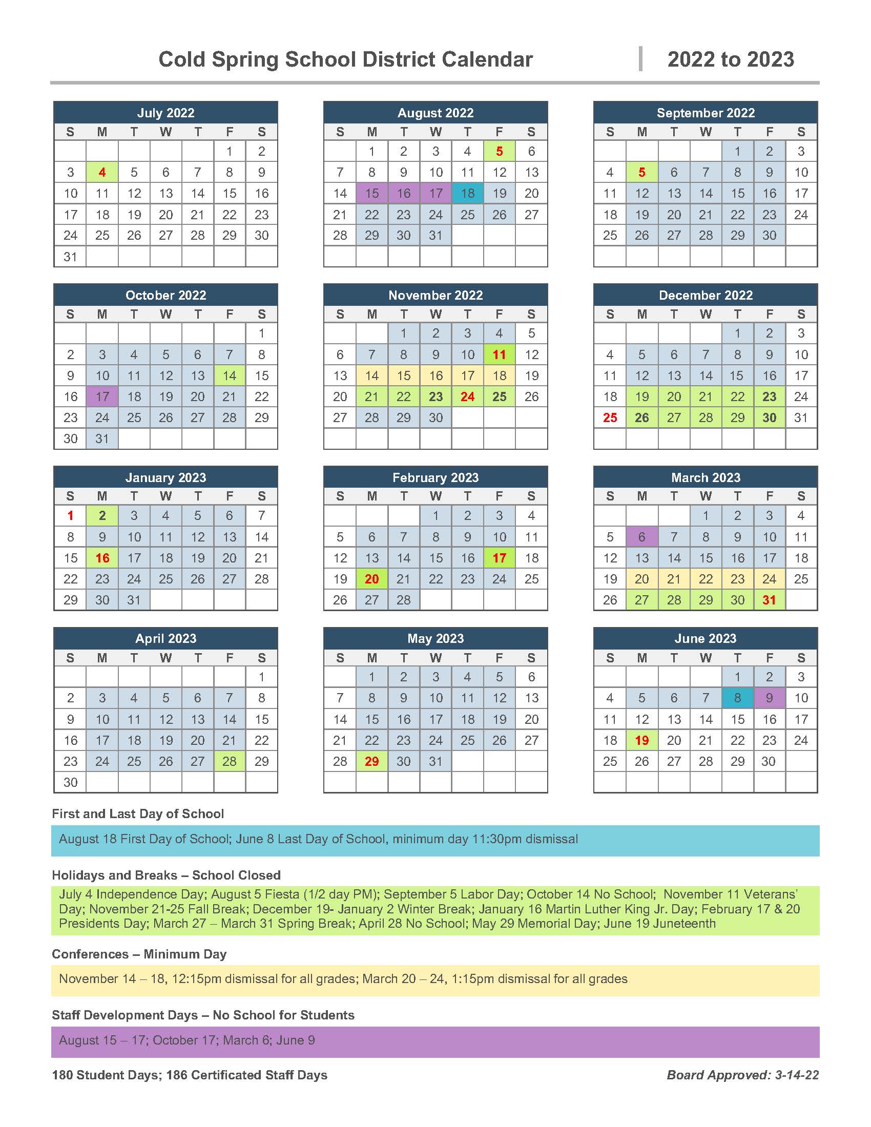 School Calendar for 2022-23