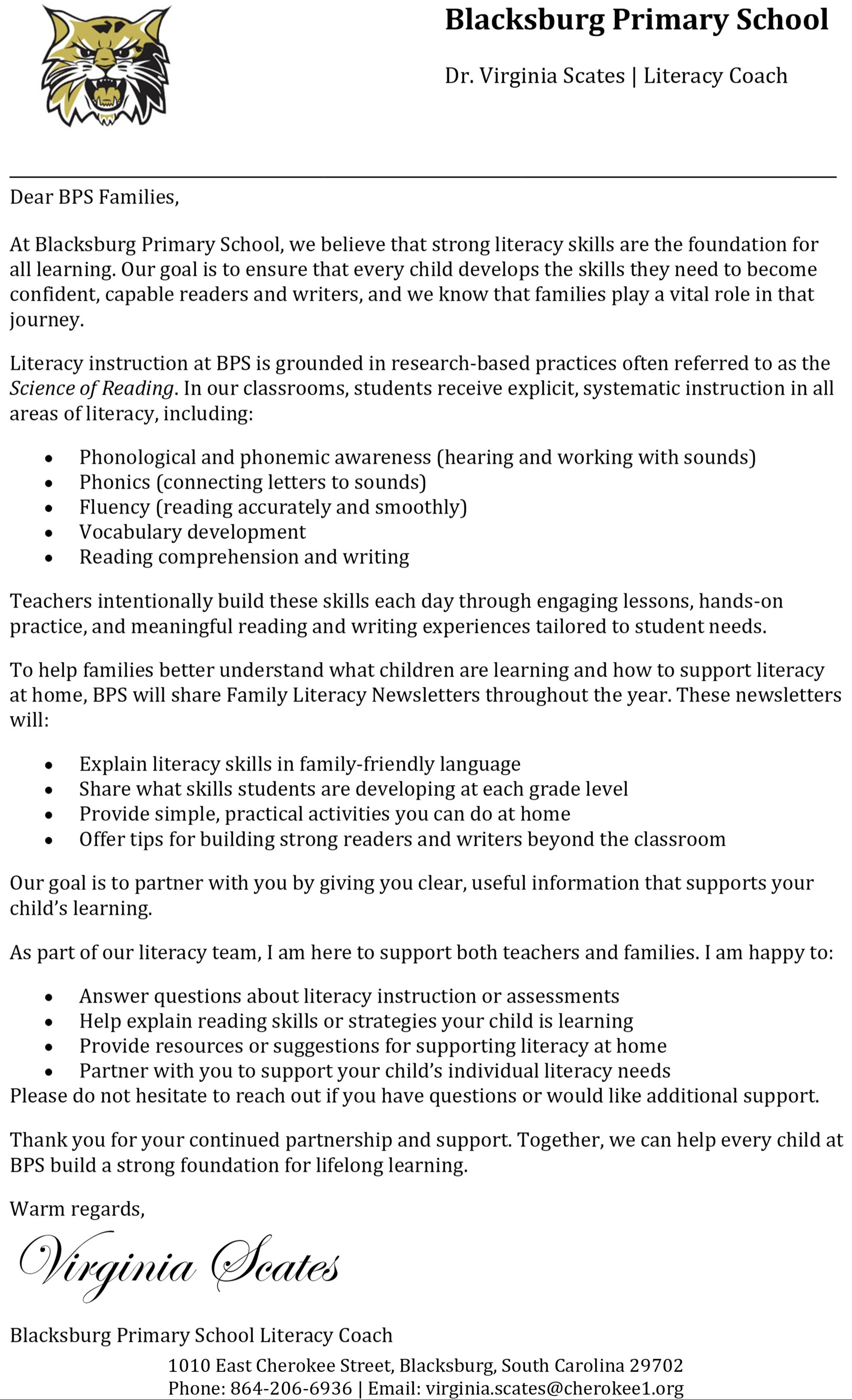 Literacy Lab letter to families