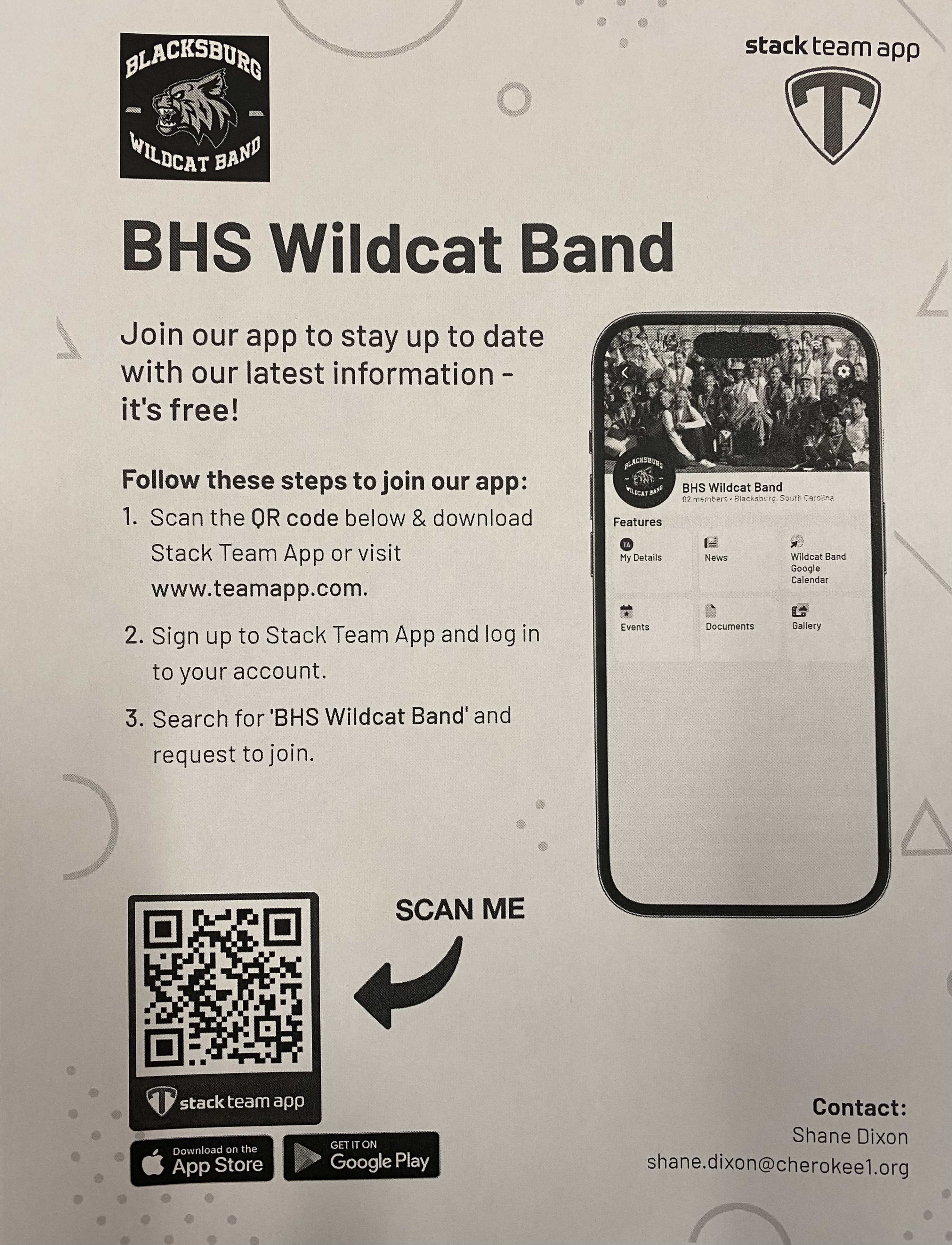 Stackteam App information. Scan QR code and download. Sign up to stack team app and log in to your account. searcch for BHS Wildcat Band and request to join.