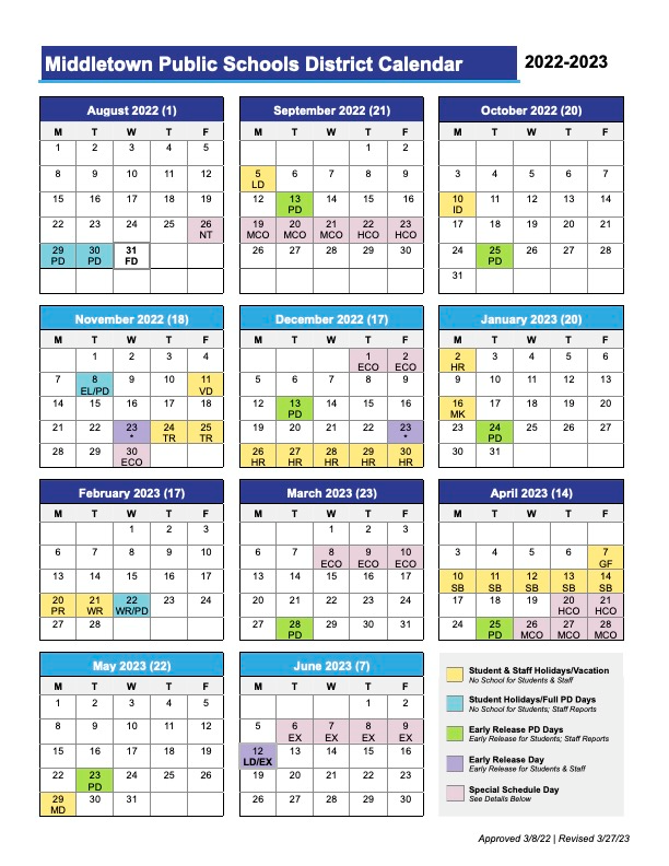 District Academic Calendar Middletown Public Schools
