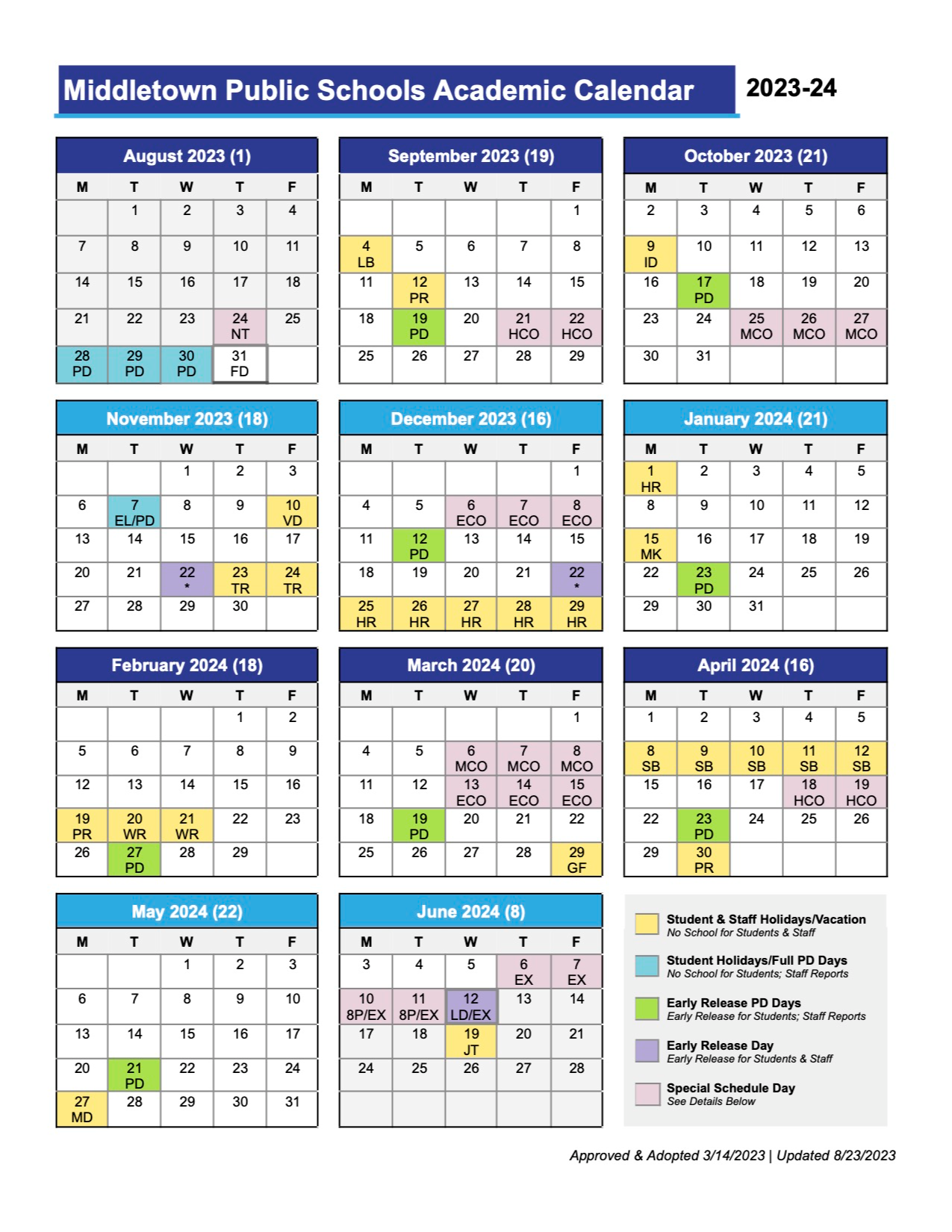 District Academic Calendar Middletown Public Schools