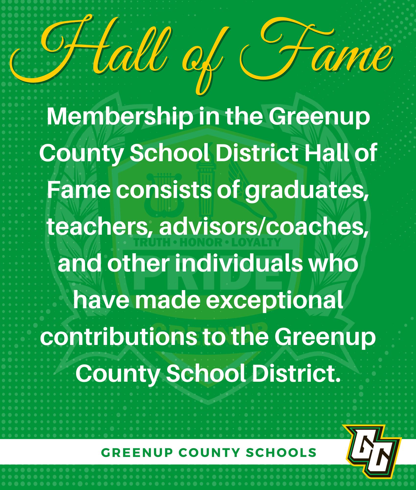 GCSD Alumni Association Crest with former and current high schools: Greenup High School, McKell High School, South Portsmouth High School, Wurtland High School, Greenup County High School