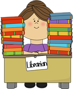 clipart picture of librarian with books at a desk
