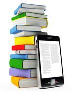 Clipart picture of books stacked with a tablet leaning on them