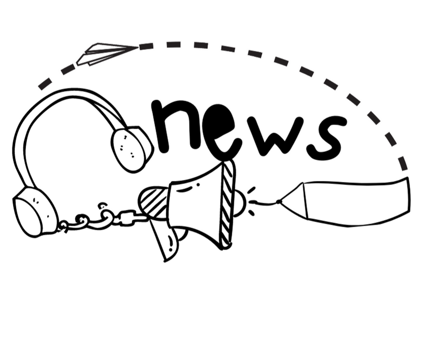 news megaphone wired to headphones with paper airplane