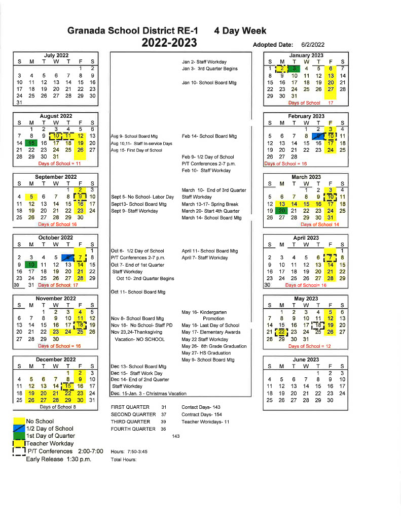 SCHOOL YEAR CALENDAR | Granada School RE-1