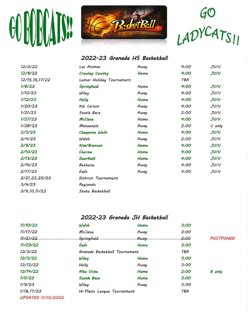 SPORTS SCHEDULES Granada School RE1