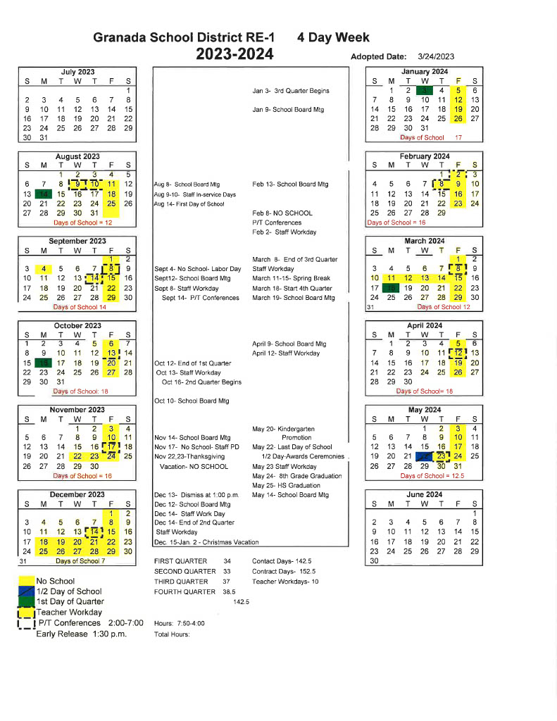 School Year Calendar | Granada School RE-1