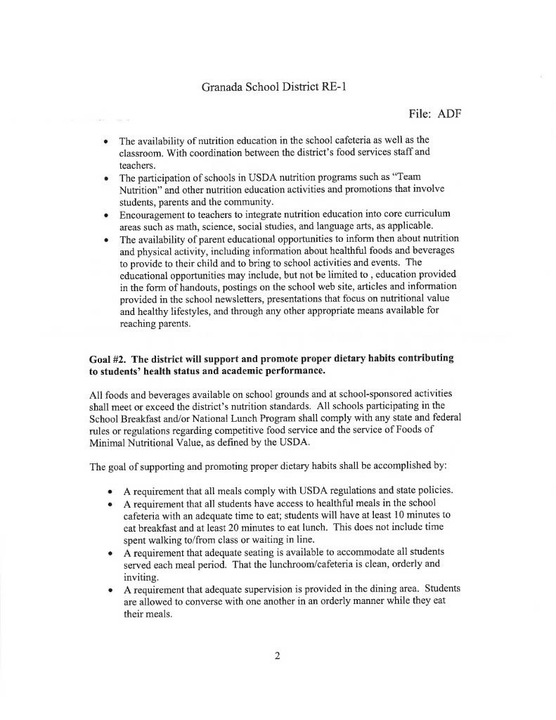 School Wellness Policy Granada School RE1