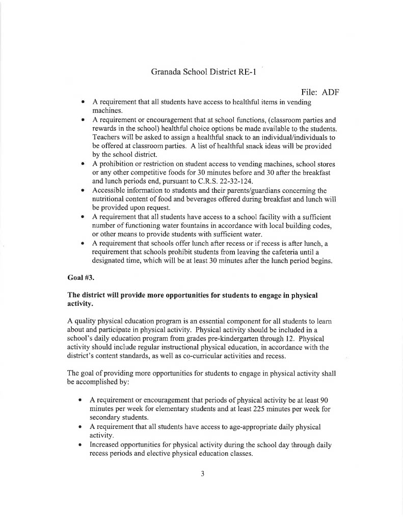 School Wellness Policy Granada School RE1