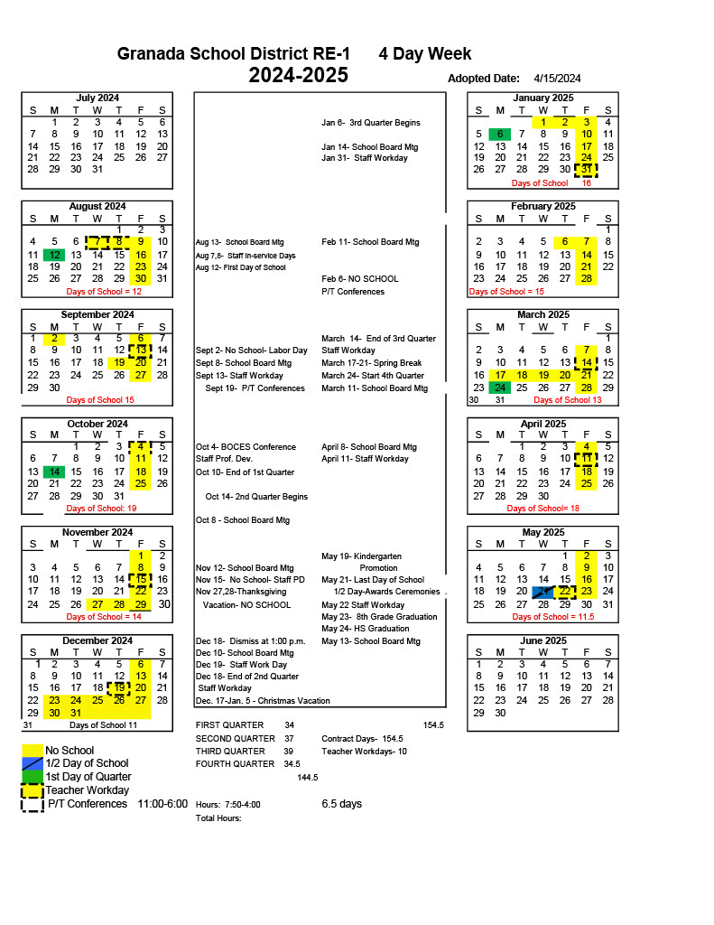 School Year Calendar | Granada School RE-1