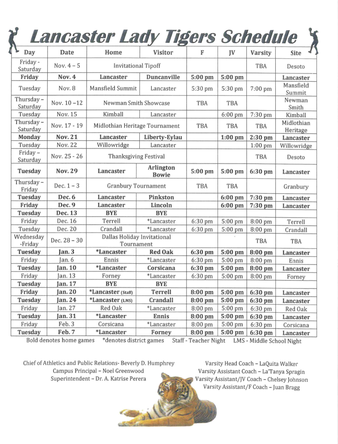 Lady Tigers BB Schedule 