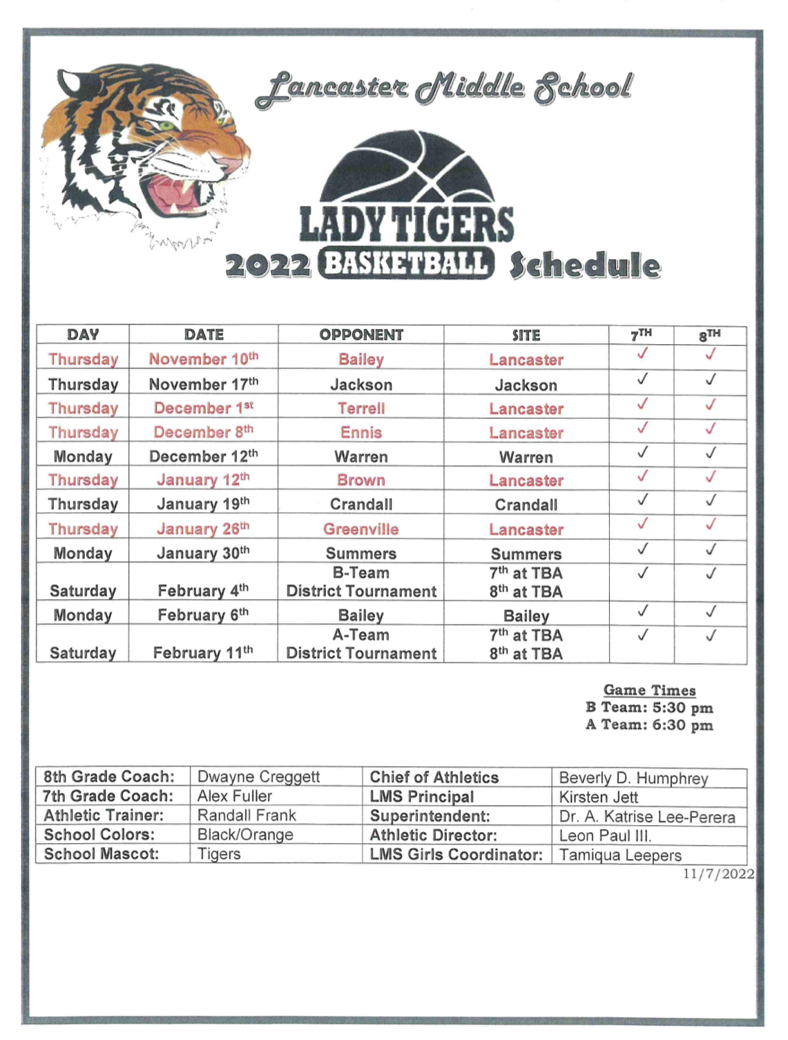 Lady Tigers Middle School BB Schedule