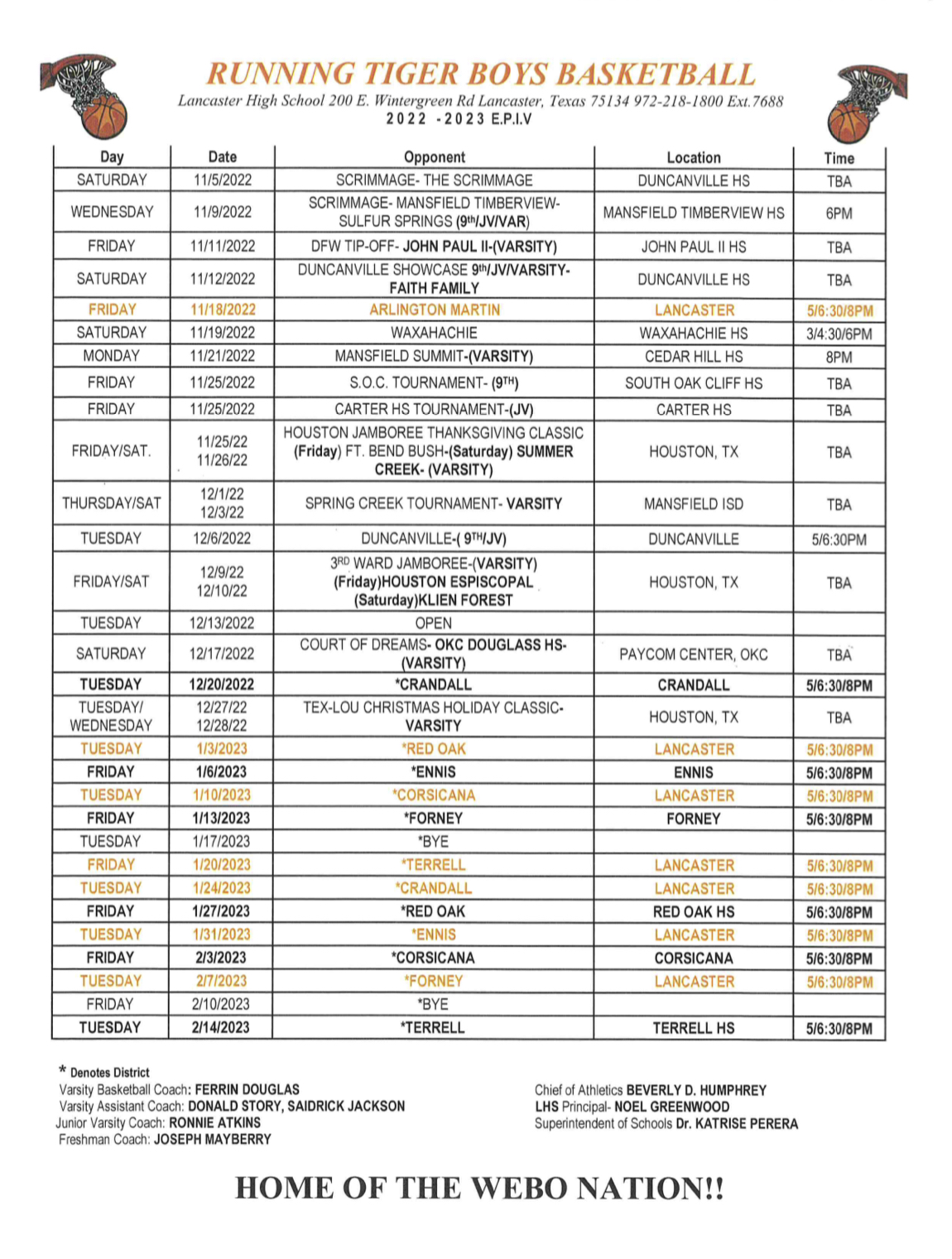 Lancaster Tigers BB Schedule