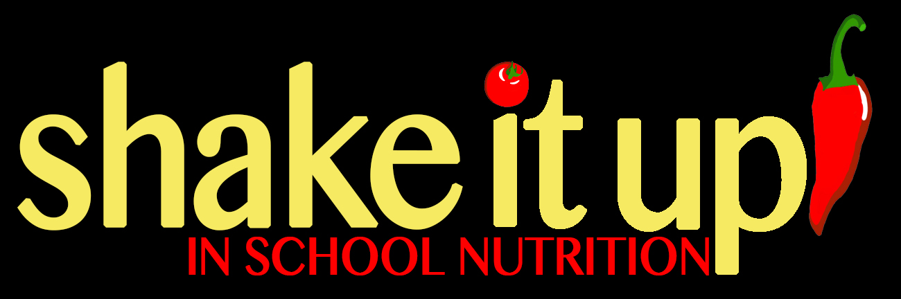 black background with yellow letters spelling shake it up with a red tomato and red chili with in school nutrition in rdd letters underneath