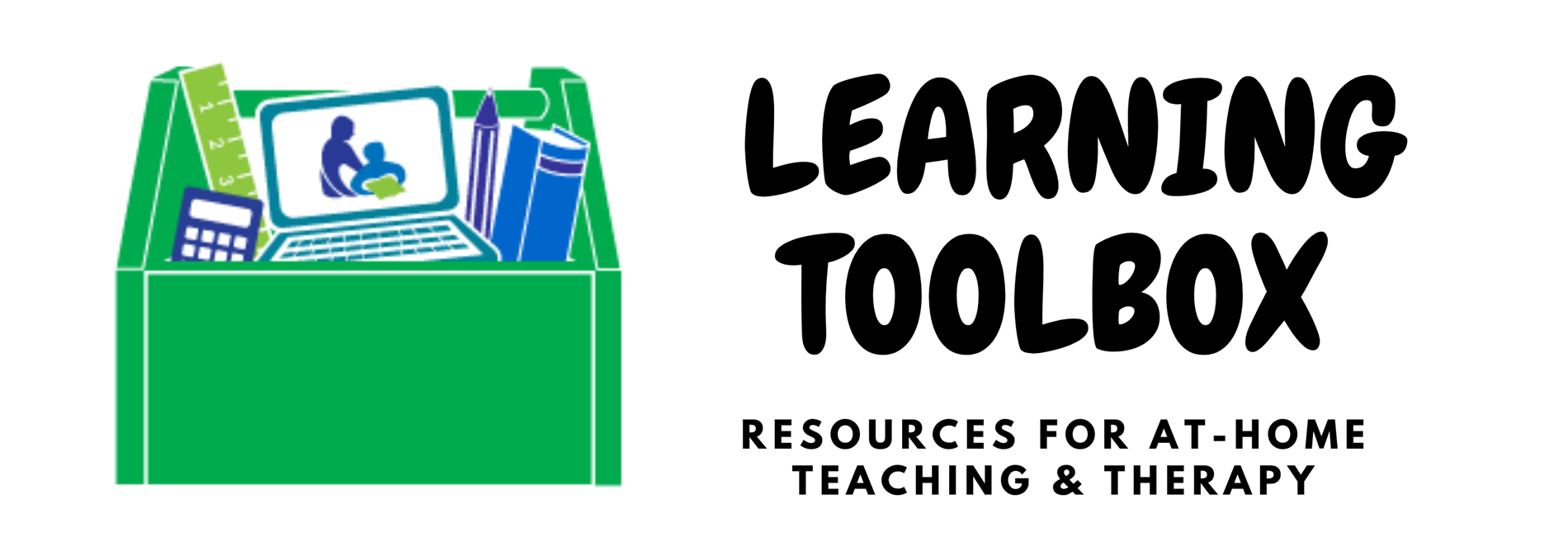 learning toolbox with computer and papers inside box and learning toolbox resources for at home teaching and therapy writing on the right side