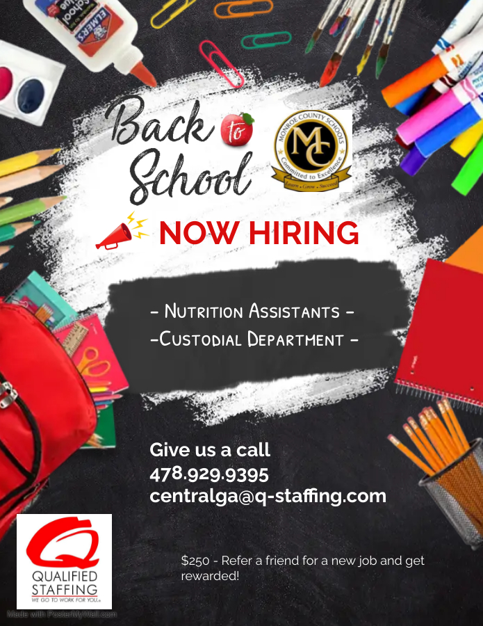 Now hiring nutrition assistants. Call 478-929-9395 for more information.