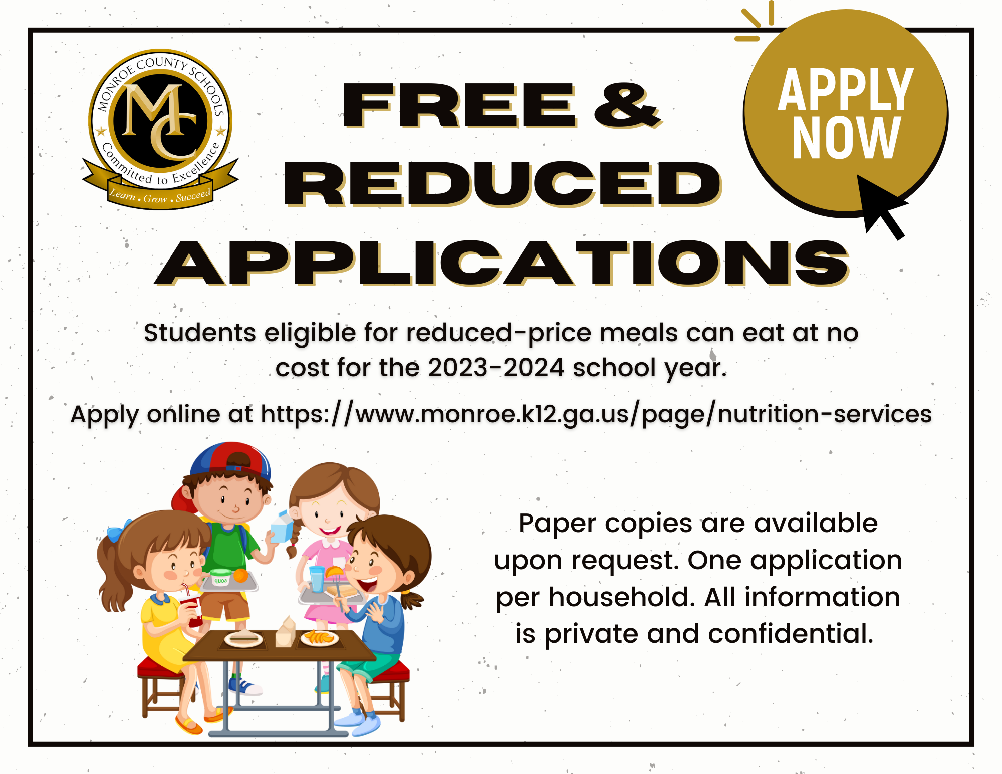 Students eligible for reduced-price meals can eat at no cost for the 2023-2024 school year.