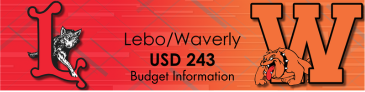 Lebo Waverly Logo with Lebo Wolf logo in Red and Waverly Bulldog logo in Orange with the text Lebo/Waverly USD 243 Budget Information