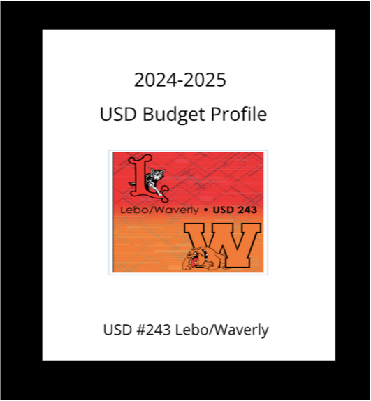 Text saying 2024-2025 USD Budget Profile USD #243 Lebo/Waverly.  In the middle of the page it has the USD 243 logo with the Lebo Wolf Logo in Red and the Waverly Bulldog Logo in Orange and the text Lebo/Waverly USD 243 written in the middle.