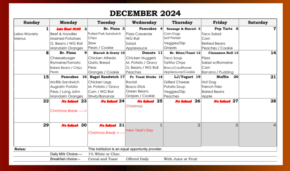 December Breakfast and Lunch Menu