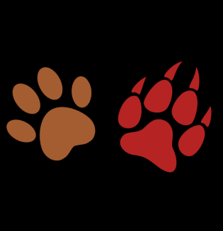 Black box with orange bulldog paw print and a red wolf paw print