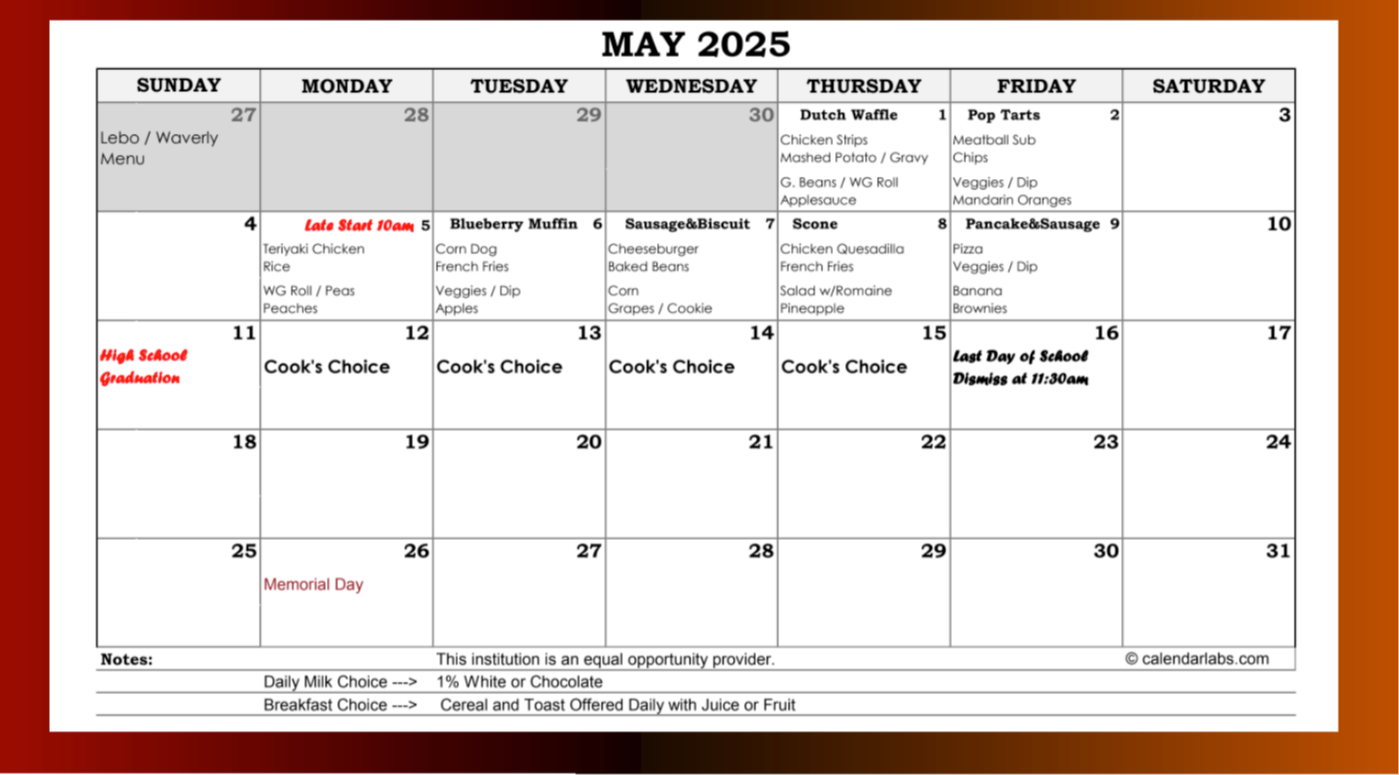 May Breakfast and Lunch Menu