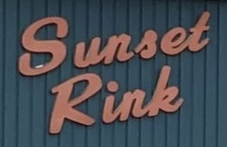 Bright orange letters spell "Sunset Rink" on a blue background.