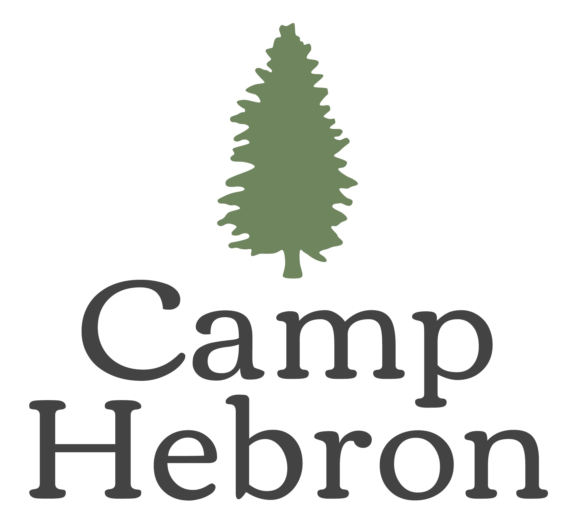 White background with green tree logo. Text reads "Camp Hebron" in black.