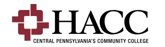 Logo for HACC Central Pennsylvania's Community College, featuring a red cross with black outline, text in black.