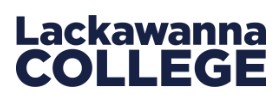 White background features blue "Lackawanna College" logo in bold, uppercase font with serifs.