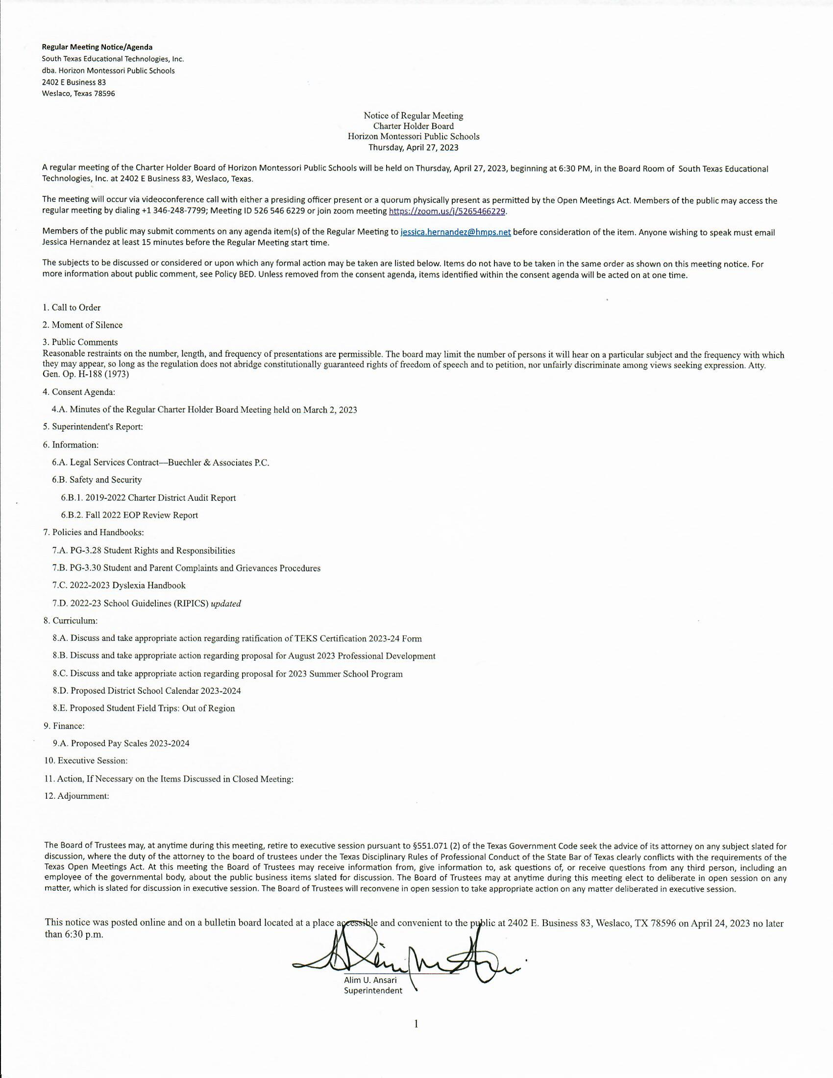 Charter Holder Board Meeting Agenda