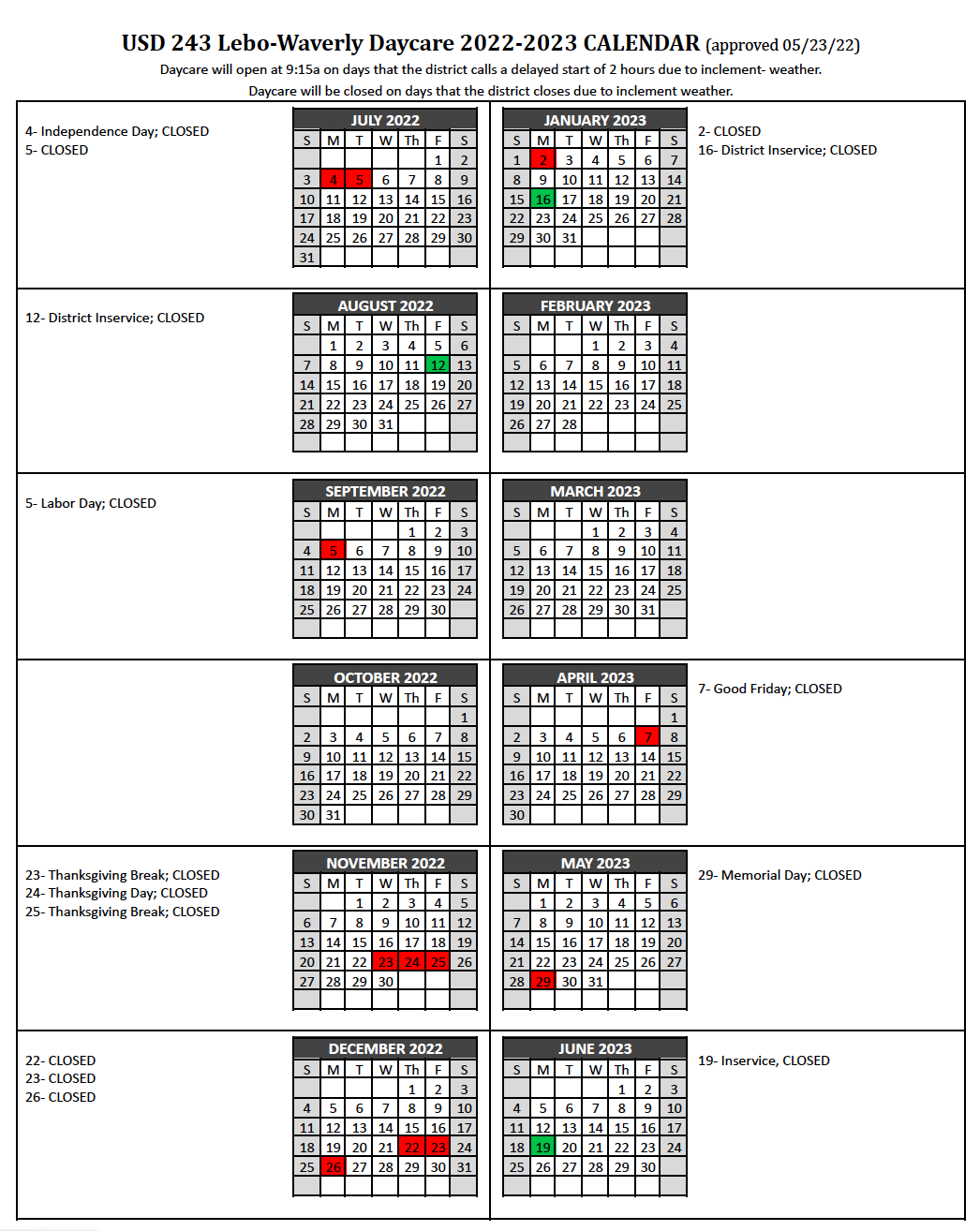 USD243 Daycare 2022-23 Calendar
