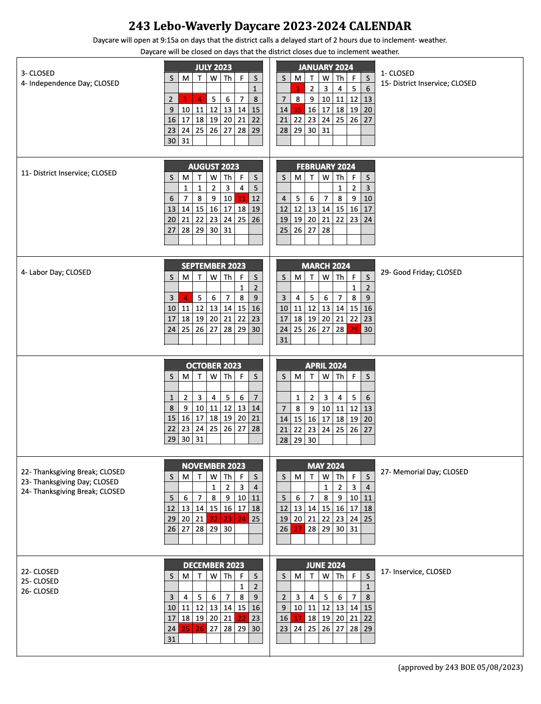 USD243 Daycare 2022-23 Calendar