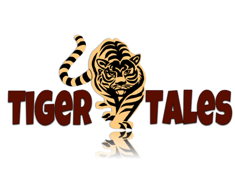 tiger tales newsletter logo  with a tiger walking through the words tiger tales