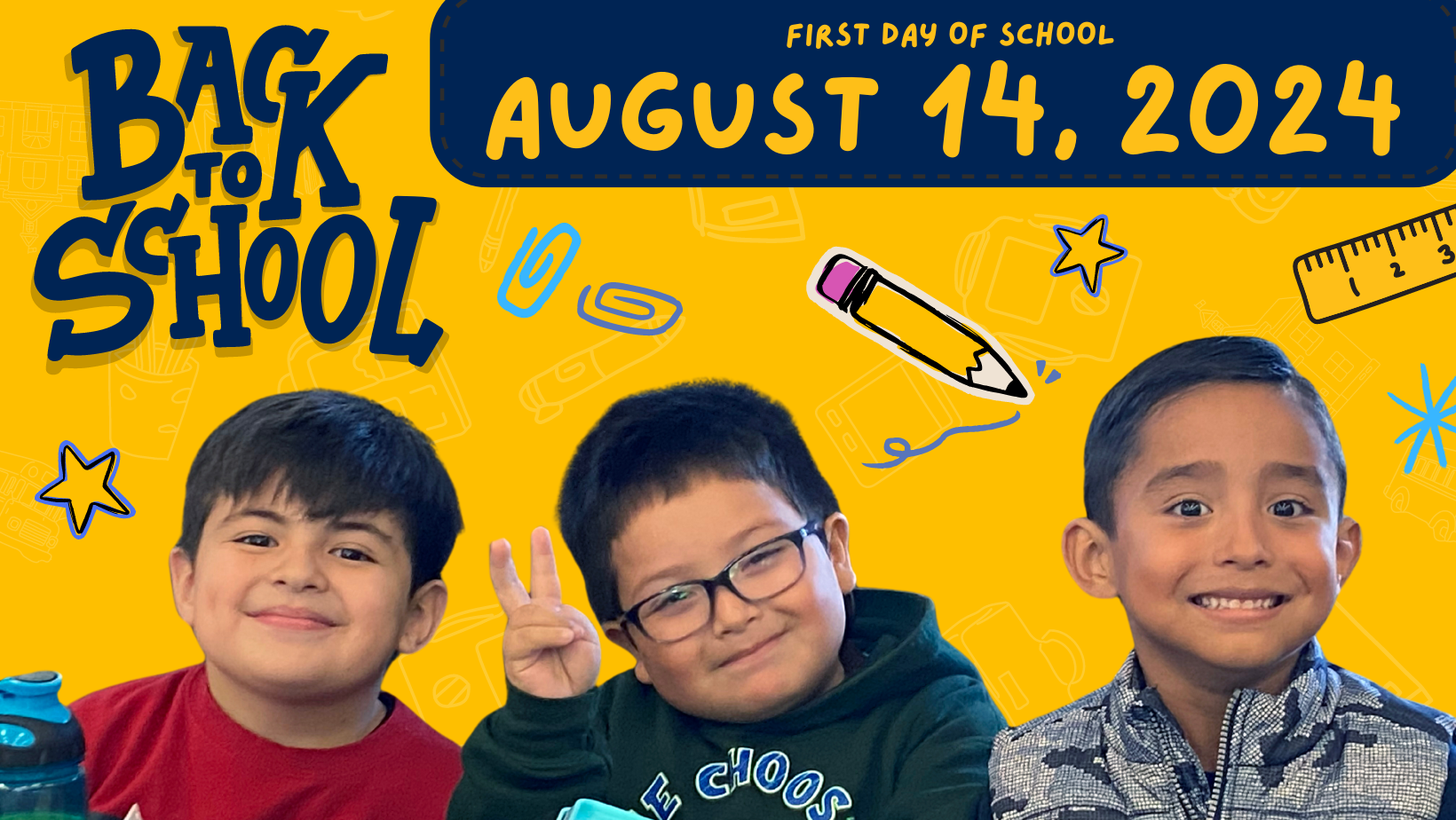 First day of school August 14, 2024; three young male students on bright yellow background